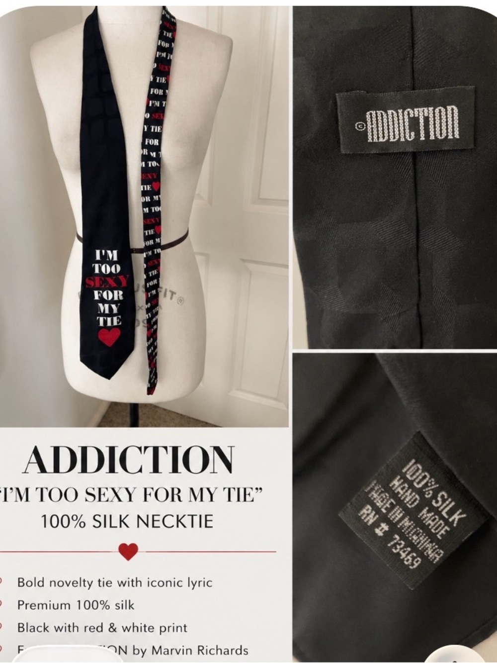 Addiction Black Silk Necktie with Red & White Text Heart